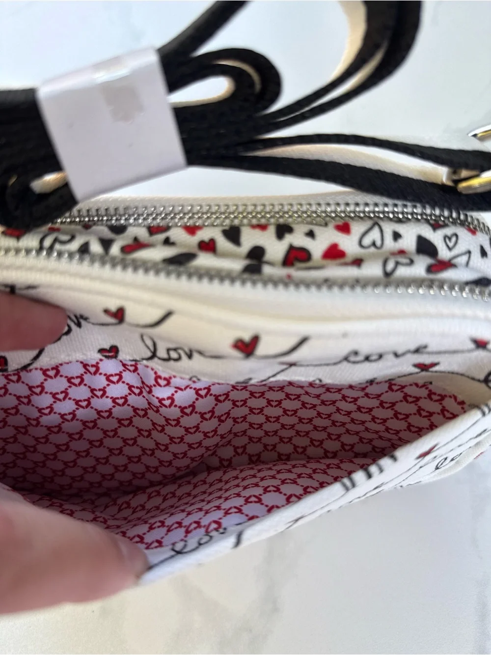 Brighton Love Scroll Canvas Crossbody Bag Heart Stripe Red White Black, NWT